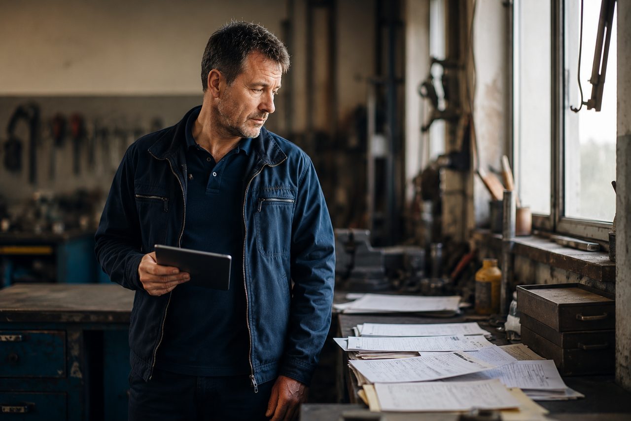 Handwerksmeister mit Tablet in seiner Werkstatt, Papierkram auf der Werkbank