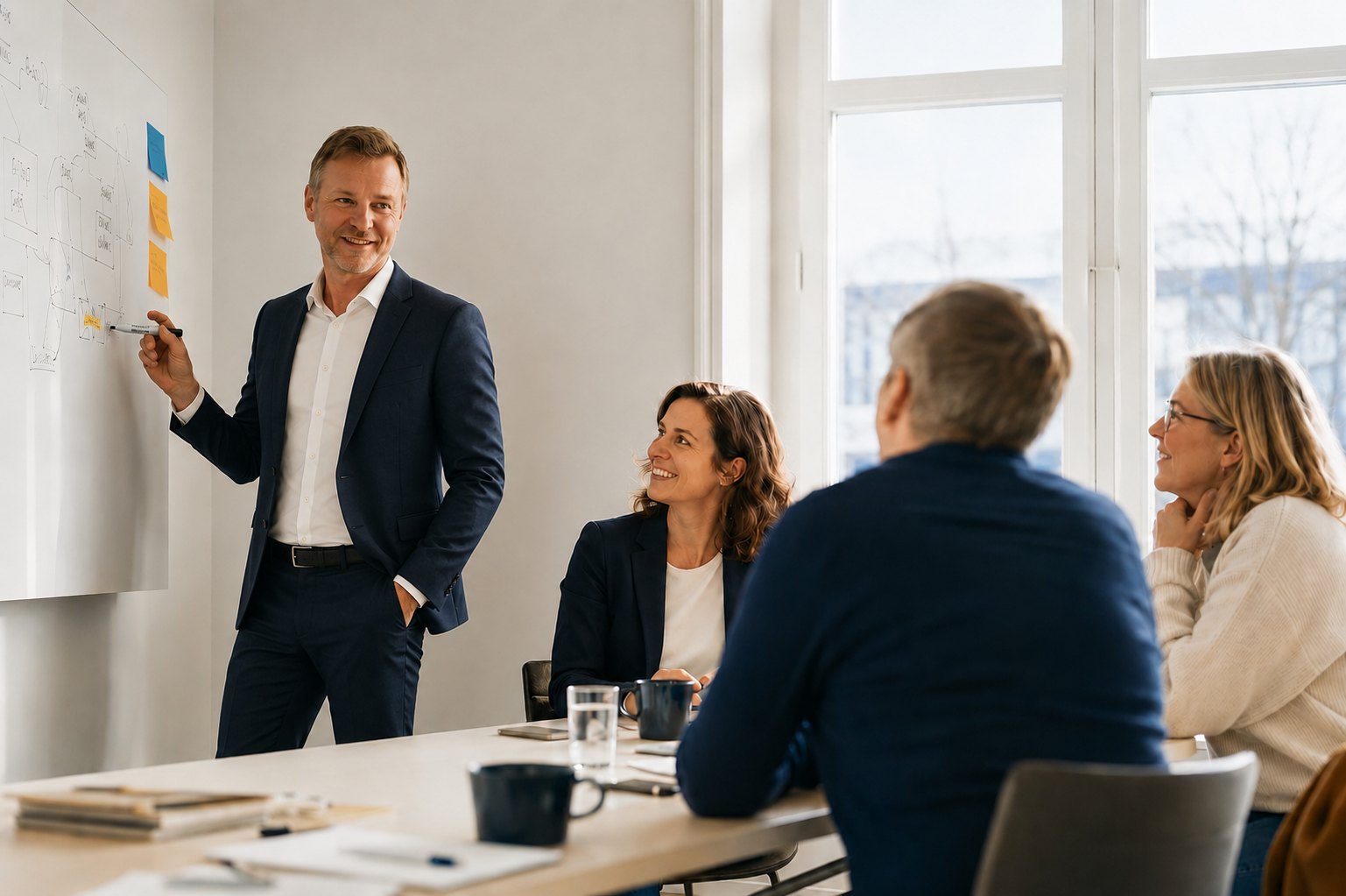 KI-Workshop: Trainer am Whiteboard mit einer kleinen, engagierten Mittelstands-Gruppe